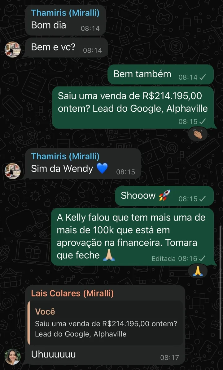 Conversa de WhatsApp: Venda de R$ 214.195,00 de um lead vindo do Google, em Alphaville