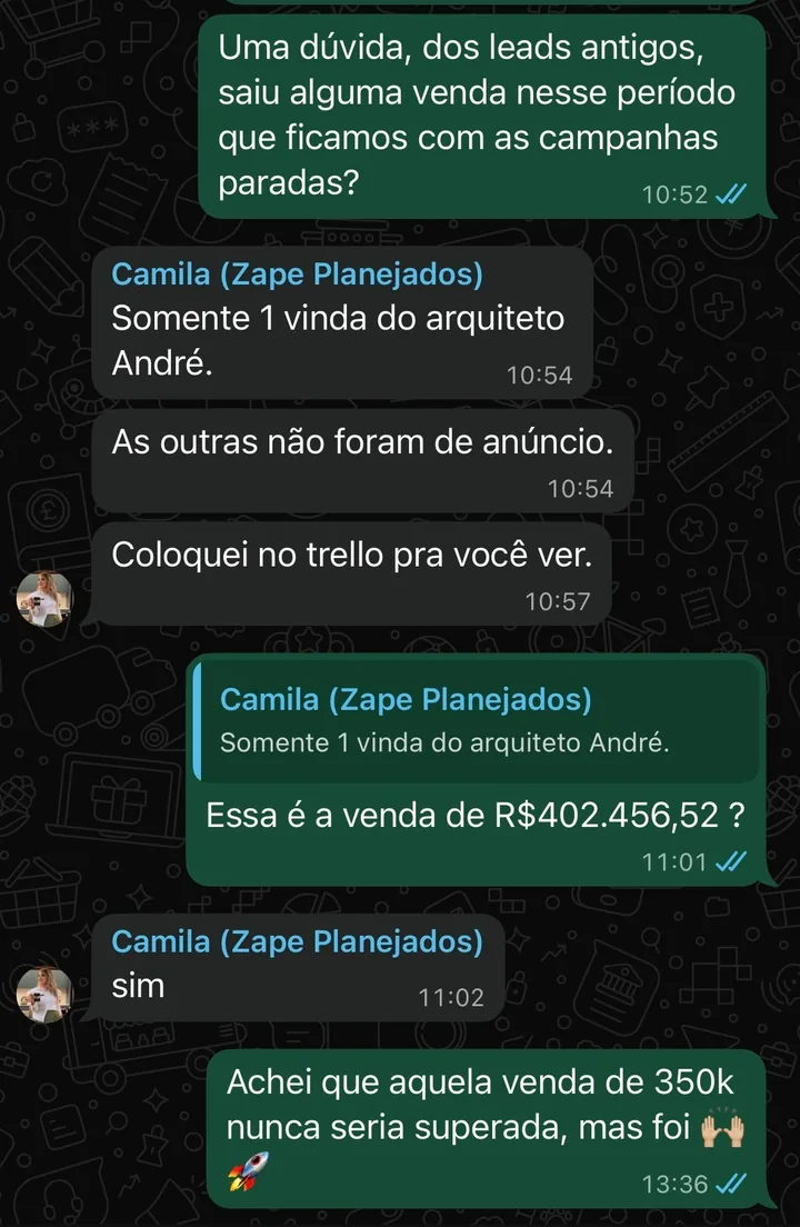 Conversa de WhatsApp: Venda de R$ 402.456,52: “achei que aquela venda de 350k nunca seria superada”
