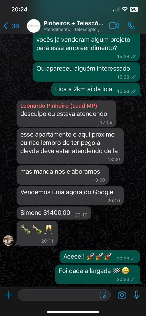 Conversa de WhatsApp: Duas vendas do Google no mesmo dia, uma delas de R$ 31.400,00