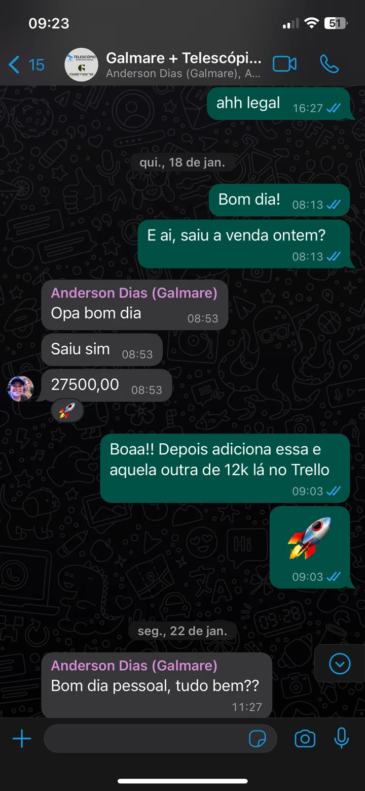 Conversa de WhatsApp: Venda de R$ 27.500,00 e outra de R$ 12 mil na sequência